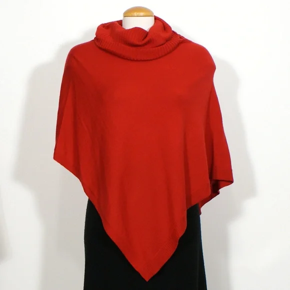 EILEEN FISHER Lacquer Red Merino Wool Jersey Turtle Neck Poncho Sweater Shrugs & Ponchos